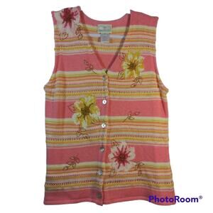 Vintage Susan Bristol Pink Stripe Embroidered Floral Sweater Vest Size M